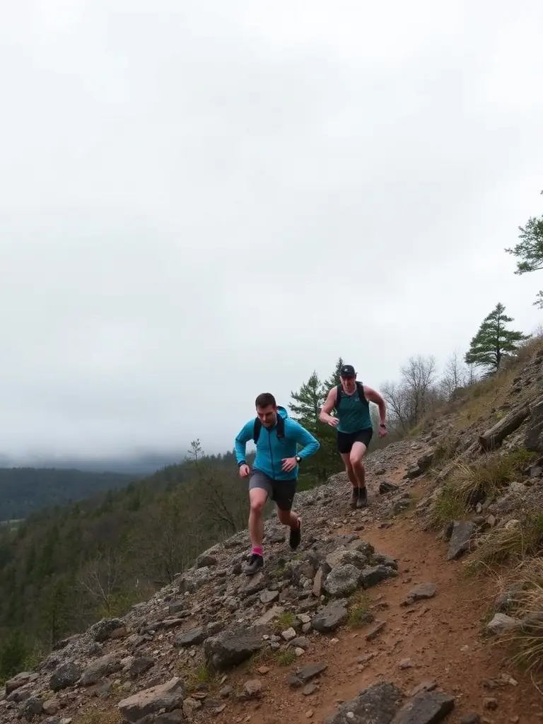 A group of trail runners ascending a steep, rocky path during a training session in the Cognac region, showcasing the challenging yet rewarding nature of trail running with TEAM OUINS OUINS.