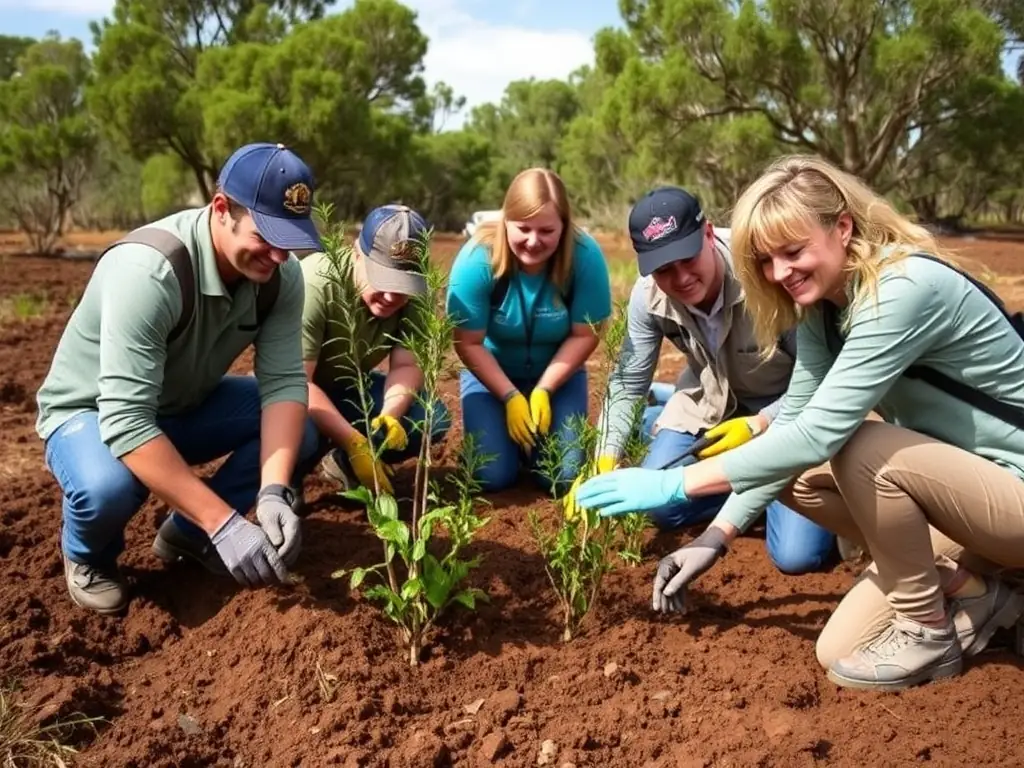 Volunteers from TEAM OUINS OUINS planting trees along a trail, demonstrating their commitment to environmental stewardship and community service. The scene is set in a lush forest.