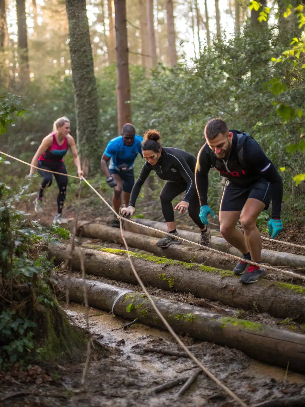A group of diverse runners stretching and warming up before a trail run, surrounded by a vibrant forest landscape.
