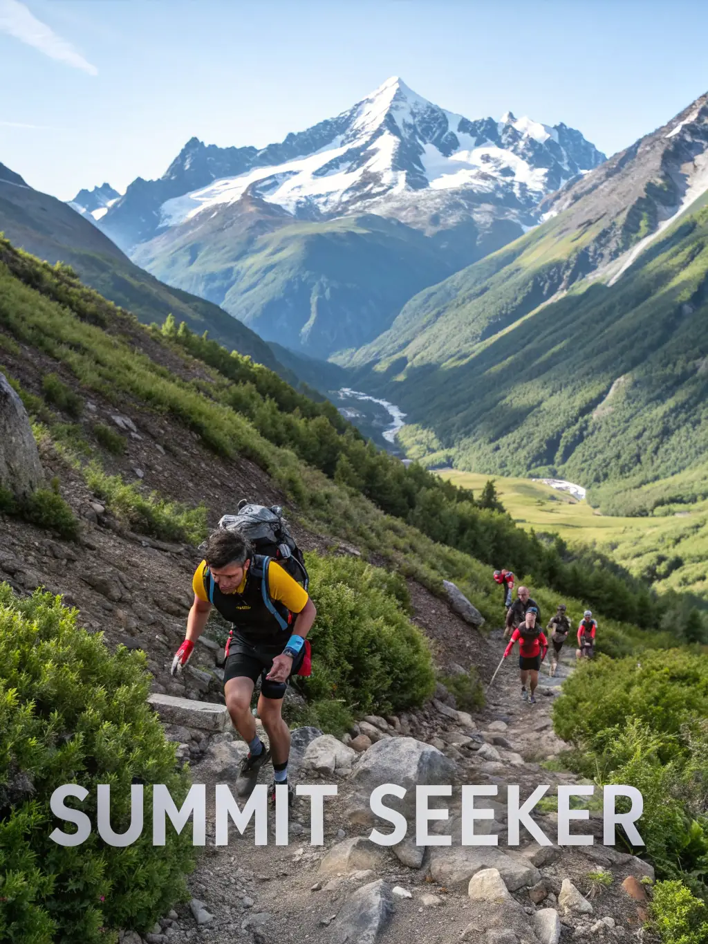 A group of trail runners navigating a challenging uphill section of a mountain trail during a training session, showcasing teamwork and determination.