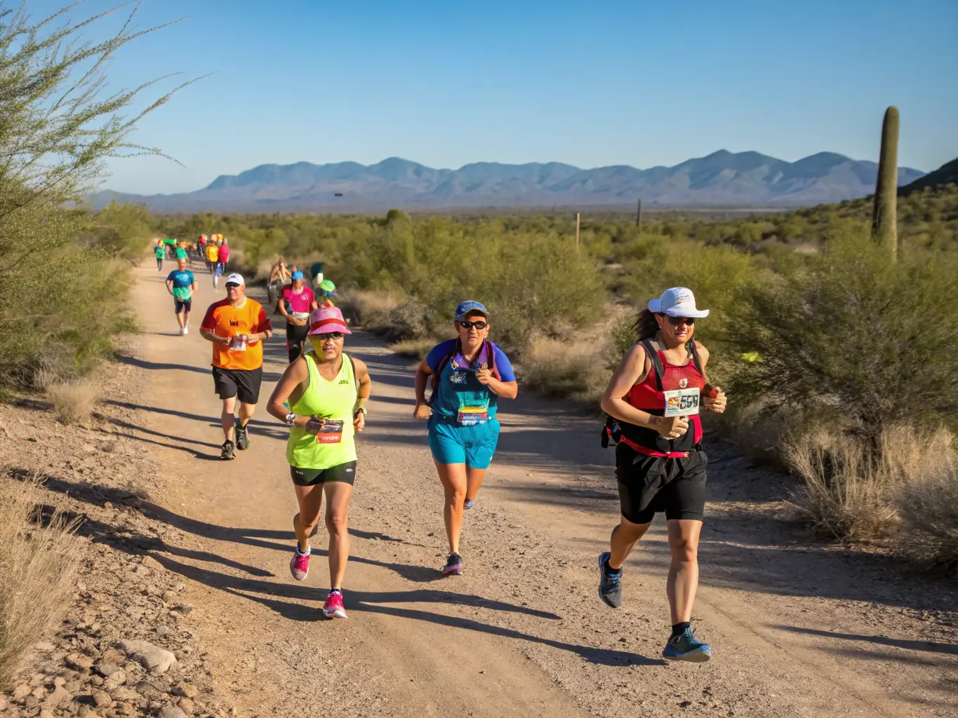 A group of trail runners ascending a steep, rocky path during a sunny morning training session. The runners are of various ages and fitness levels, showcasing the inclusive nature of TEAM OUINS OUINS.