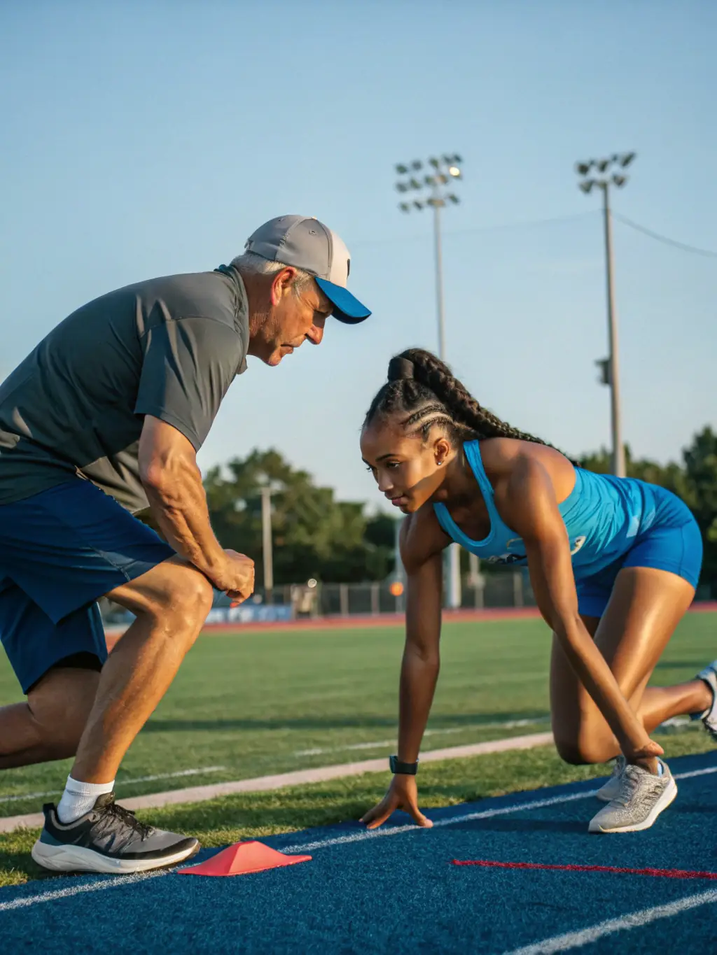 A coach providing personalized guidance to a runner during a training session, emphasizing the individualized attention and expert support offered by TEAM OUINS OUINS.