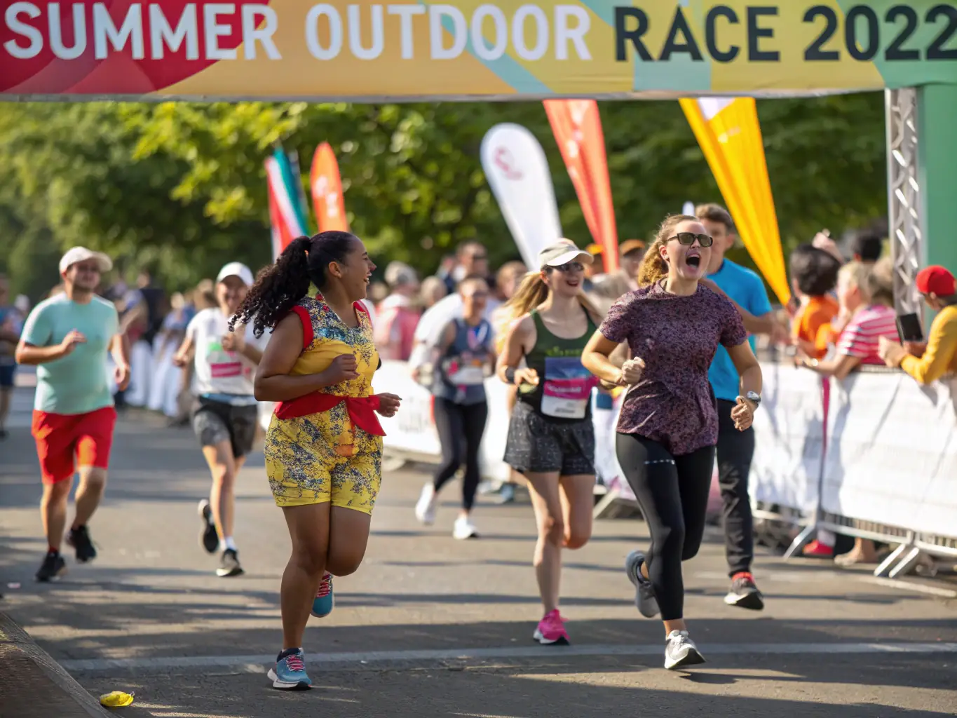 A diverse group of runners participating in a road race organized by TEAM OUINS OUINS TRAIL RUNNING, highlighting the inclusivity and competitive spirit of the event.