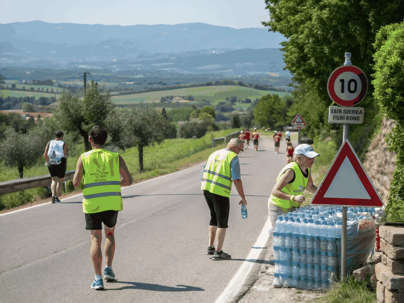 Volunteers assisting at a water station during a TEAM OUINS OUINS TRAIL RUNNING event, emphasizing the organization's commitment to community support and engagement.