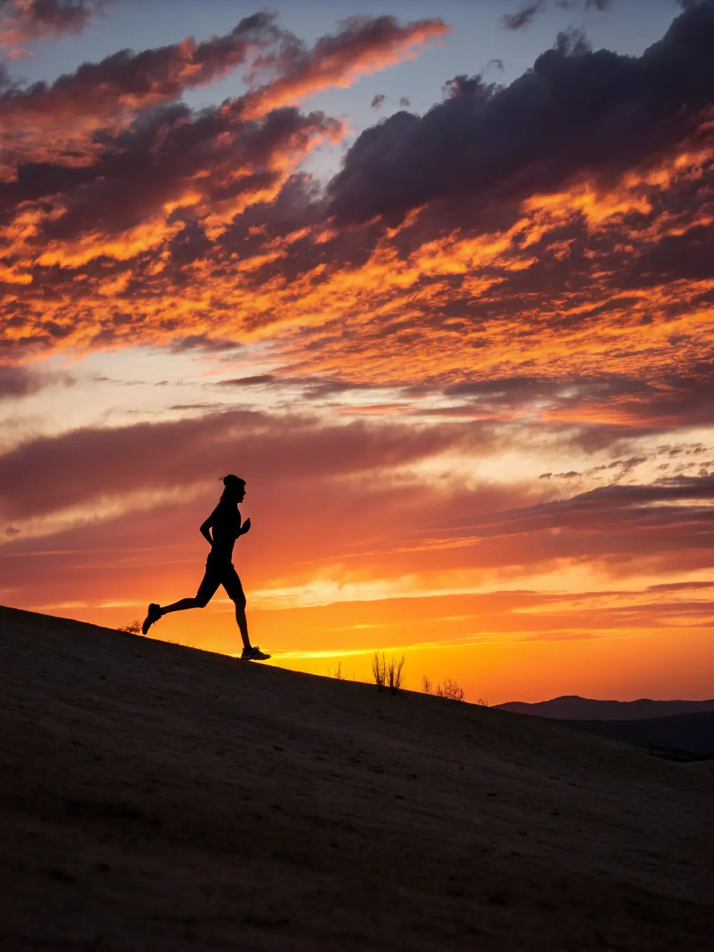A runner silhouetted against a stunning sunset over the Cognac region trails, showcasing the beauty of the local landscape.