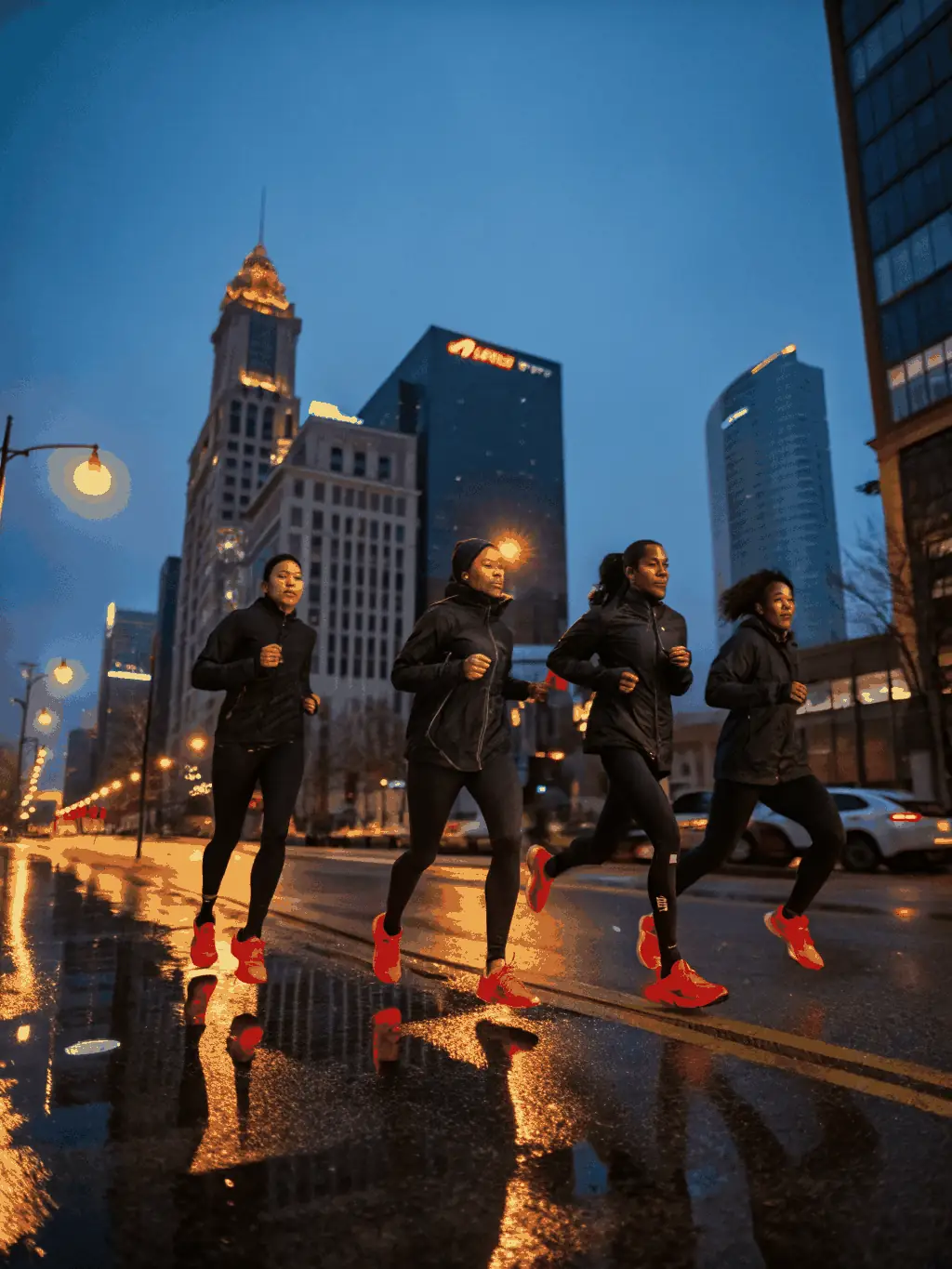 Road runners participating in a structured speed workout on a paved road, focusing on improving their pace and efficiency.