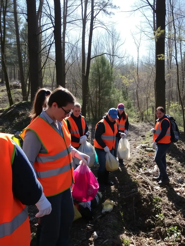 Runners participating in a community trail cleanup event, collecting trash and maintaining the trails, demonstrating environmental responsibility.