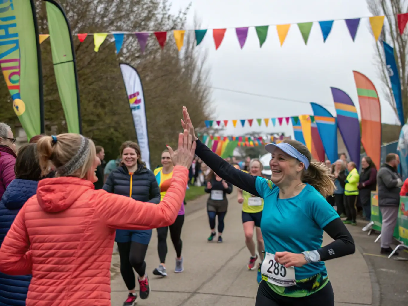 A diverse group of runners participating in a road race organized by TEAM OUINS OUINS, with spectators cheering them on. The race route passes through a local town, highlighting community engagement.
