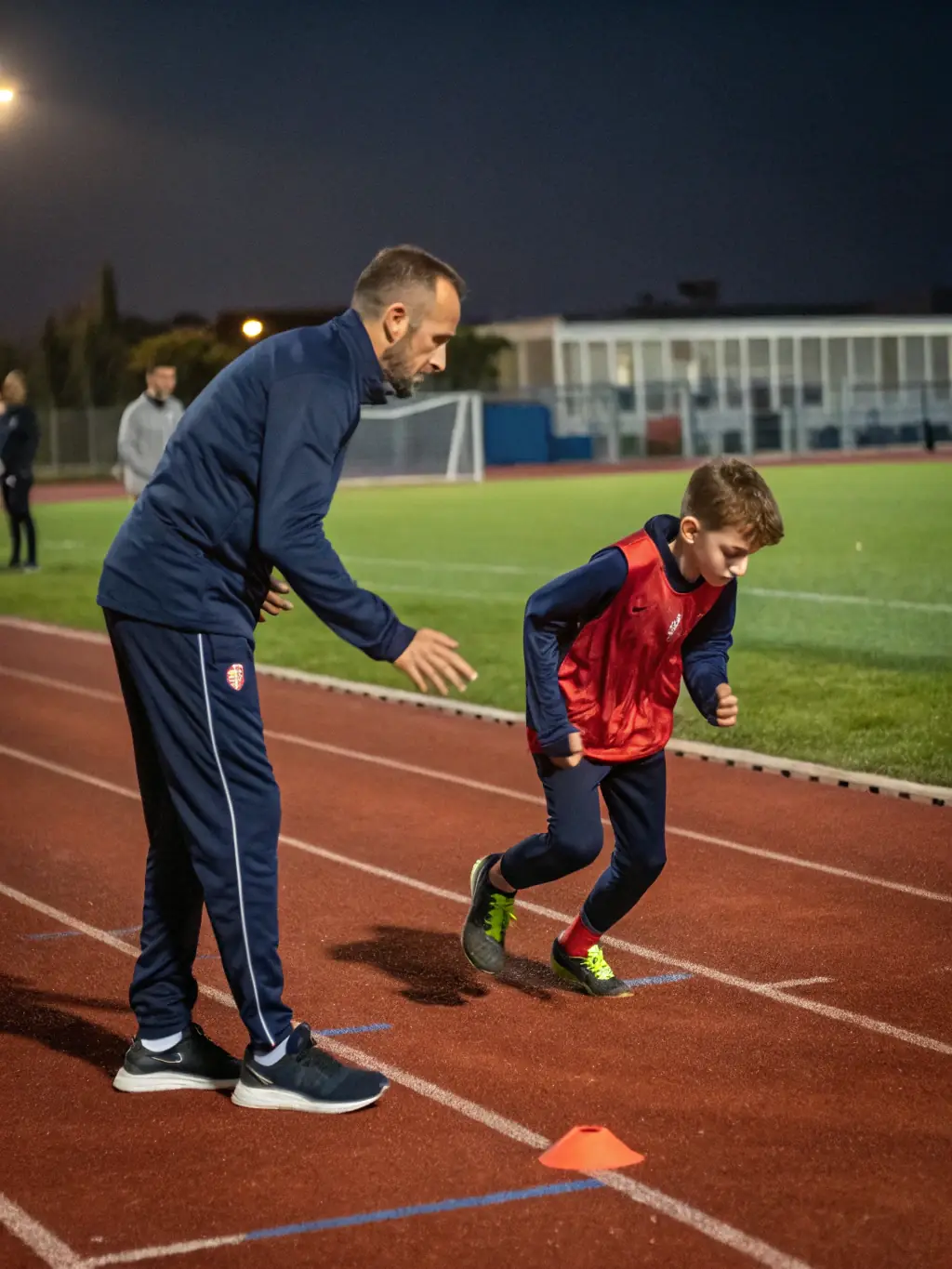 A coach providing personalized feedback to a runner, focusing on technique and form improvement during a training session.